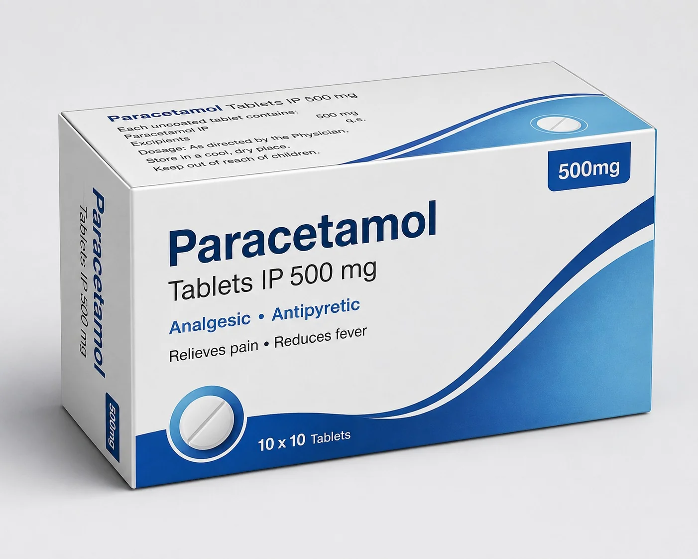 Paracetamol Tablets IP 500 mg — Blue Wave Box — Pharmaceutical, Box Design, 10x10 Tablets